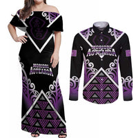 Personalised Aotearoa Moriori Couples Matching Off Shoulder Maxi Dress and Long Sleeve Button Shirt Maori Pattern New Zealand LT05 Purple - Polynesian Pride