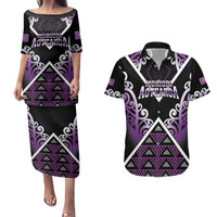 Personalised Aotearoa Moriori Couples Matching Puletasi and Hawaiian Shirt Maori Pattern New Zealand LT05 Purple - Polynesian Pride