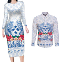 Happy Kosrae Liberation Day Couples Matching Long Sleeve Bodycon Dress and Long Sleeve Button Shirt Polynesian Shark Turtle Motif LT05 White - Polynesian Pride