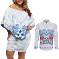 Happy Kosrae Liberation Day Couples Matching Off Shoulder Short Dress and Long Sleeve Button Shirt Polynesian Shark Turtle Motif LT05 White - Polynesian Pride