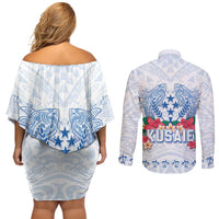 Happy Kosrae Liberation Day Couples Matching Off Shoulder Short Dress and Long Sleeve Button Shirt Polynesian Shark Turtle Motif LT05 - Polynesian Pride