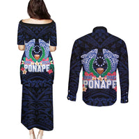 Happy Pohnpei Liberation Day Couples Matching Puletasi and Long Sleeve Button Shirt Polynesian Shark Turtle Motif