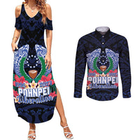 Happy Pohnpei Liberation Day Couples Matching Summer Maxi Dress and Long Sleeve Button Shirt Polynesian Shark Turtle Motif
