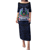 Happy Pohnpei Liberation Day Family Matching Puletasi and Hawaiian Shirt Polynesian Shark Turtle Motif LT05 Mom's Dress Blue - Polynesian Pride