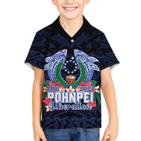 Happy Pohnpei Liberation Day Family Matching Puletasi and Hawaiian Shirt Polynesian Shark Turtle Motif LT05 Son's Shirt Blue - Polynesian Pride