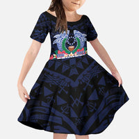 Happy Pohnpei Liberation Day Family Matching Short Sleeve Bodycon Dress and Hawaiian Shirt Polynesian Shark Turtle Motif LT05 Daughter's Dress Blue - Polynesian Pride