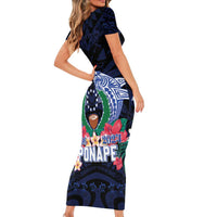 Happy Pohnpei Liberation Day Short Sleeve Bodycon Dress Polynesian Shark Turtle Motif