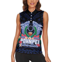 Happy Pohnpei Liberation Day Women Sleeveless Polo Shirt Polynesian Shark Turtle Motif LT05 - Polynesian Pride