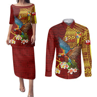 Personalized Tonga Eua Couples Matching Puletasi Dress and Long Sleeve Button Shirts Maroon Shining Parrot Coat Of Arms With Ngatu Pattern LT05 Red - Polynesian Pride