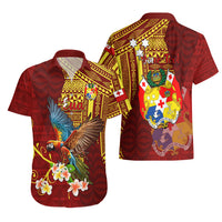 Personalized Tonga Eua Hawaiian Shirt Maroon Shining Parrot Coat Of Arms With Ngatu Pattern LT05 - Polynesian Pride