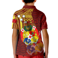 Personalized Tonga Eua Kid Polo Shirt Maroon Shining Parrot Coat Of Arms With Ngatu Pattern LT05 - Polynesian Pride