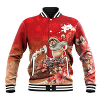 Hawaii Funny Christmas Baseball Jacket Santa Surfing With Tapa Pattern LT05 Unisex Red - Polynesian Pride