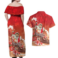 Hawaii Funny Christmas Couples Matching Off Shoulder Maxi Dress and Hawaiian Shirt Santa Surfing With Tapa Pattern - Polynesian Pride