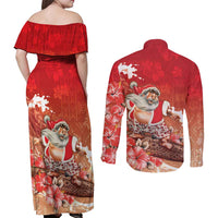 Hawaii Funny Christmas Couples Matching Off Shoulder Maxi Dress and Long Sleeve Button Shirt Santa Surfing With Tapa Pattern - Polynesian Pride