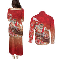 Hawaii Funny Christmas Couples Matching Puletasi and Long Sleeve Button Shirt Santa Surfing With Tapa Pattern - Polynesian Pride
