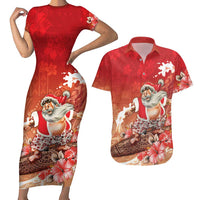 Hawaii Funny Christmas Couples Matching Short Sleeve Bodycon Dress and Hawaiian Shirt Santa Surfing With Tapa Pattern - Polynesian Pride