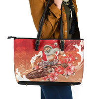 Hawaii Funny Christmas Leather Tote Bag Santa Surfing With Tapa Pattern LT05 - Polynesian Pride