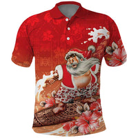 Hawaii Funny Christmas Polo Shirt Santa Surfing With Tapa Pattern - Polynesian Pride
