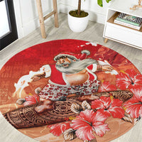 Hawaii Funny Christmas Round Carpet Santa Surfing With Tapa Pattern LT05 Red - Polynesian Pride