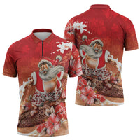 Hawaii Funny Christmas Zipper Polo Shirt Santa Surfing With Tapa Pattern - Polynesian Pride