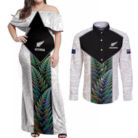 Custom New Zealand Fern Rugby Couples Matching Off Shoulder Maxi Dress and Long Sleeve Button Shirt World Cup 2023 Paua Shell Maori Pattern LT05 White - Polynesian Pride
