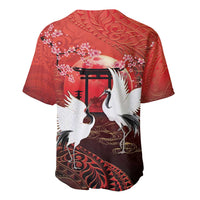 Hawaii and Japan Together Baseball Jersey Polynesian Art Tattoo With Cranes And Sakura - Polynesian Pride