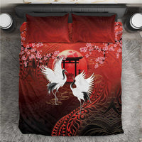 Hawaii and Japan Together Bedding Set Polynesian Art Tattoo With Cranes And Sakura - Polynesian Pride