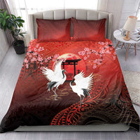 Hawaii and Japan Together Bedding Set Polynesian Art Tattoo With Cranes And Sakura - Polynesian Pride