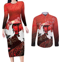 Hawaii and Japan Together Couples Matching Long Sleeve Bodycon Dress and Long Sleeve Button Shirt Polynesian Art Tattoo With Cranes And Sakura - Polynesian Pride