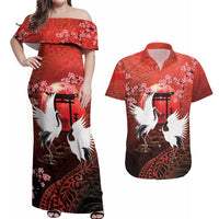 Hawaii and Japan Together Couples Matching Off Shoulder Maxi Dress and Hawaiian Shirt Polynesian Art Tattoo With Cranes And Sakura - Polynesian Pride