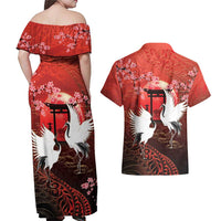 Hawaii and Japan Together Couples Matching Off Shoulder Maxi Dress and Hawaiian Shirt Polynesian Art Tattoo With Cranes And Sakura - Polynesian Pride
