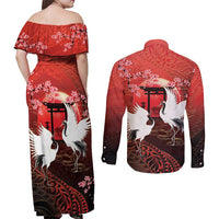 Hawaii and Japan Together Couples Matching Off Shoulder Maxi Dress and Long Sleeve Button Shirt Polynesian Art Tattoo With Cranes And Sakura - Polynesian Pride