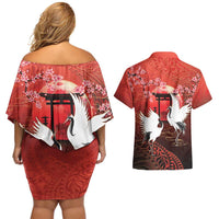 Hawaii and Japan Together Couples Matching Off Shoulder Short Dress and Hawaiian Shirt Polynesian Art Tattoo With Cranes And Sakura - Polynesian Pride