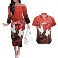 Hawaii and Japan Together Couples Matching Off The Shoulder Long Sleeve Dress and Hawaiian Shirt Polynesian Art Tattoo With Cranes And Sakura - Polynesian Pride