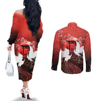 Hawaii and Japan Together Couples Matching Off The Shoulder Long Sleeve Dress and Long Sleeve Button Shirt Polynesian Art Tattoo With Cranes And Sakura - Polynesian Pride
