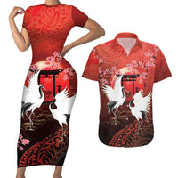 Hawaii and Japan Together Couples Matching Short Sleeve Bodycon Dress and Hawaiian Shirt Polynesian Art Tattoo With Cranes And Sakura - Polynesian Pride
