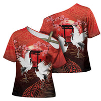 Hawaii and Japan Together Cross Shoulder Shirt Polynesian Art Tattoo With Cranes And Sakura - Polynesian Pride