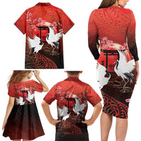 Hawaii and Japan Together Family Matching Long Sleeve Bodycon Dress and Hawaiian Shirt Polynesian Art Tattoo With Cranes And Sakura - Polynesian Pride