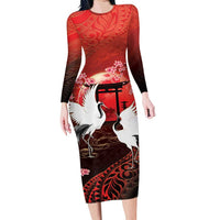 Hawaii and Japan Together Family Matching Long Sleeve Bodycon Dress and Hawaiian Shirt Polynesian Art Tattoo With Cranes And Sakura LT05 Mom's Dress Red - Polynesian Pride