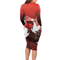 Hawaii and Japan Together Family Matching Long Sleeve Bodycon Dress and Hawaiian Shirt Polynesian Art Tattoo With Cranes And Sakura - Polynesian Pride