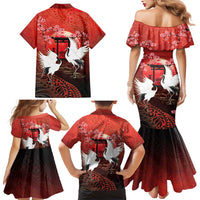 Hawaii and Japan Together Family Matching Mermaid Dress and Hawaiian Shirt Polynesian Art Tattoo With Cranes And Sakura - Polynesian Pride