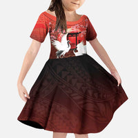 Hawaii and Japan Together Family Matching Off The Shoulder Long Sleeve Dress and Hawaiian Shirt Polynesian Art Tattoo With Cranes And Sakura LT05 Daughter's Dress Red - Polynesian Pride