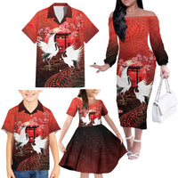 Hawaii and Japan Together Family Matching Off The Shoulder Long Sleeve Dress and Hawaiian Shirt Polynesian Art Tattoo With Cranes And Sakura - Polynesian Pride