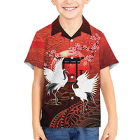 Hawaii and Japan Together Family Matching Off The Shoulder Long Sleeve Dress and Hawaiian Shirt Polynesian Art Tattoo With Cranes And Sakura LT05 Son's Shirt Red - Polynesian Pride