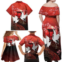 Hawaii and Japan Together Family Matching Off Shoulder Maxi Dress and Hawaiian Shirt Polynesian Art Tattoo With Cranes And Sakura - Polynesian Pride