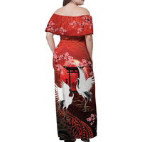 Hawaii and Japan Together Family Matching Off Shoulder Maxi Dress and Hawaiian Shirt Polynesian Art Tattoo With Cranes And Sakura - Polynesian Pride