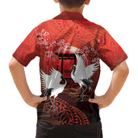 Hawaii and Japan Together Family Matching Off Shoulder Short Dress and Hawaiian Shirt Polynesian Art Tattoo With Cranes And Sakura - Polynesian Pride