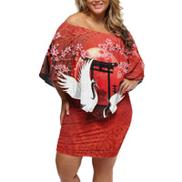 Hawaii and Japan Together Family Matching Off Shoulder Short Dress and Hawaiian Shirt Polynesian Art Tattoo With Cranes And Sakura LT05 Mom's Dress Red - Polynesian Pride