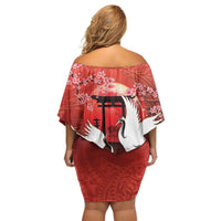Hawaii and Japan Together Family Matching Off Shoulder Short Dress and Hawaiian Shirt Polynesian Art Tattoo With Cranes And Sakura - Polynesian Pride