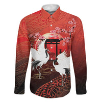 Hawaii and Japan Together Family Matching Puletasi and Hawaiian Shirt Polynesian Art Tattoo With Cranes And Sakura LT05 Dad's Shirt - Long Sleeve Red - Polynesian Pride